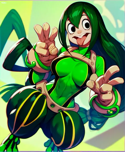 score_9_up, score_8_up, score_7_up, cowboy shot, 1girl, Asui Tsuyu, green hair, very long hair, low-tied long hair, tied hair, black eyes, wide hips, medium breasts, smiling, open mouth, :p, tongue out, crouching, 
, source_anime, anime style