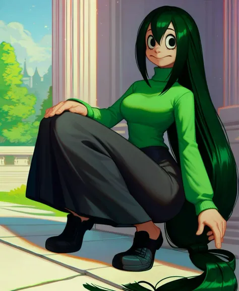 score_9_up, score_8_up, score_7_up, full body, 1girl, Asui Tsuyu, green hair, very long hair, low-tied long hair, tied hair, black eyes, wide hips, medium breasts, smiling, crouching, green sweater, turtleneck, long sleeves, black skirt, (long skirt), blac...