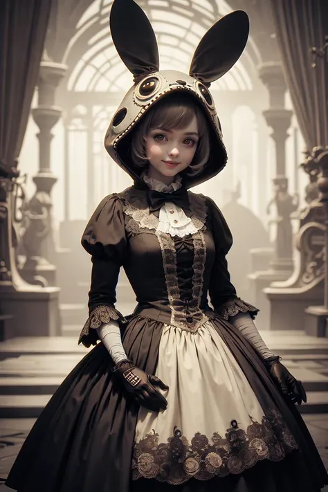 (masterpiece, best quality, ultra detailed), (sepia:0.1), alice in wonderland, 1girl, cute, smile, glove, animal_hood, costume, ANHD, <lora:animal_hood_v1:0.4>, steampunkai, <lora:steampunkai10MBLora_10mb:0.4>,