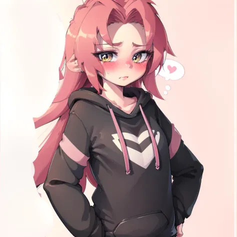 masterpiece, best quality, simple background, transparent background, pink background, 1girl, buff, red hair, long hair, detailed expresssion, blush, pink hoodie, <lora:Gebura-02:1>, <lora:T-hoodie-10:1>