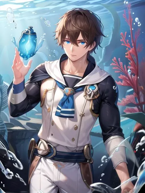 a man in a sailor suit holding a blue glass in his hand