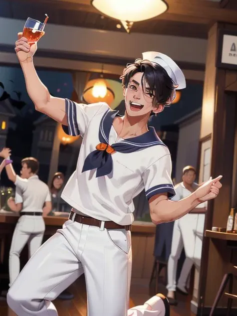 anime - style image of a sailor in a bar with a bottle of beer