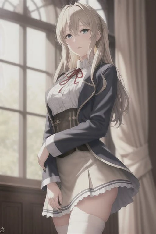 violet_evergarden, violet_evergarden(series), 1girl, mature female, bangs, blonde hair, blue eyes, blue jacket, blurry, blurry b...