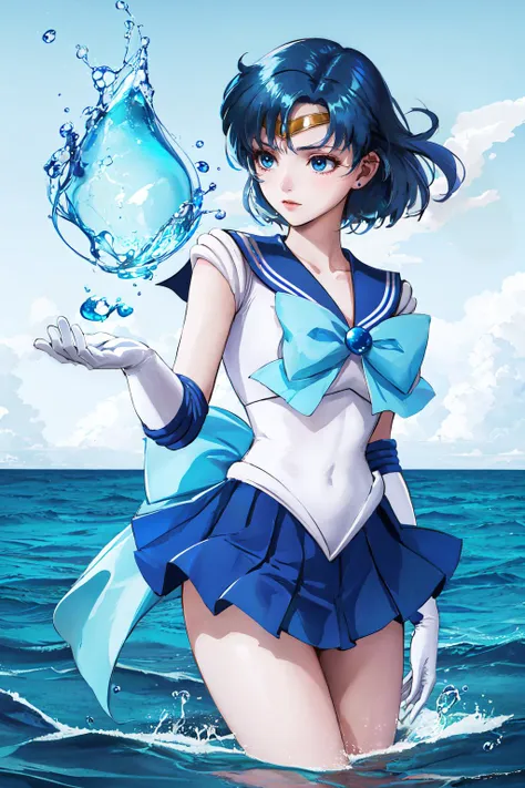 sailor girl with blue hair and white top holding a blue fish