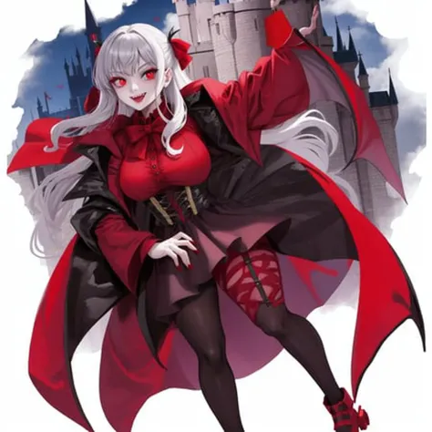 1girl,full body,vampire,red eyes,fangs,smile,castle,