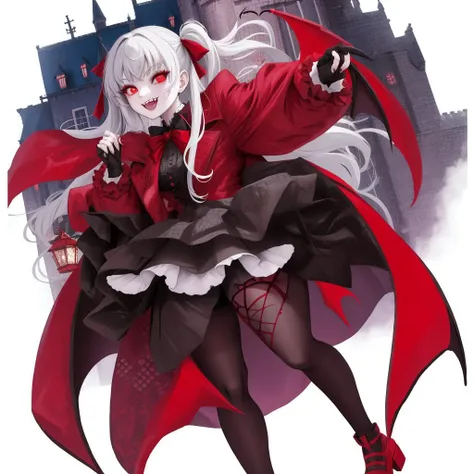 1girl,full body,vampire,red eyes,fangs,smile,castle,