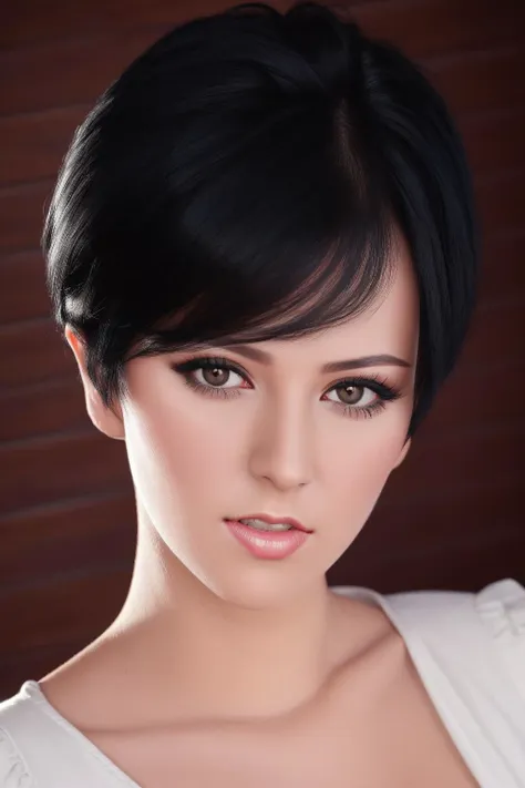 a woman with a short black hair and a white top