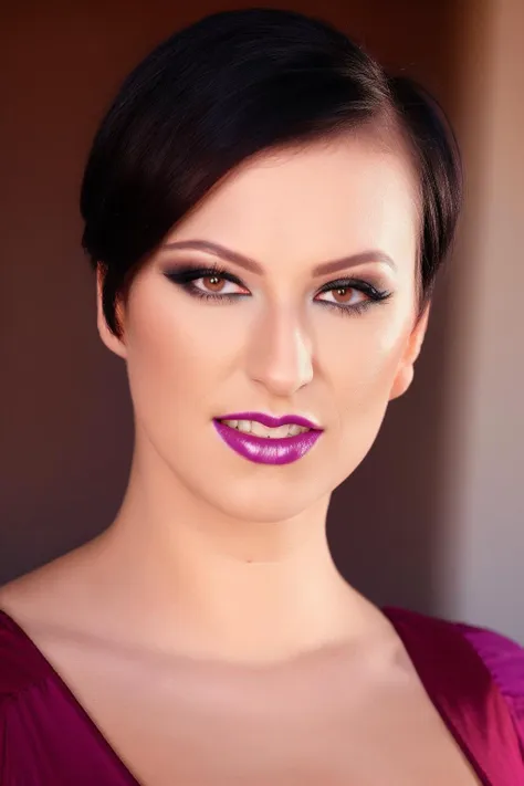 a close up of a woman with a purple dress and purple lipstick