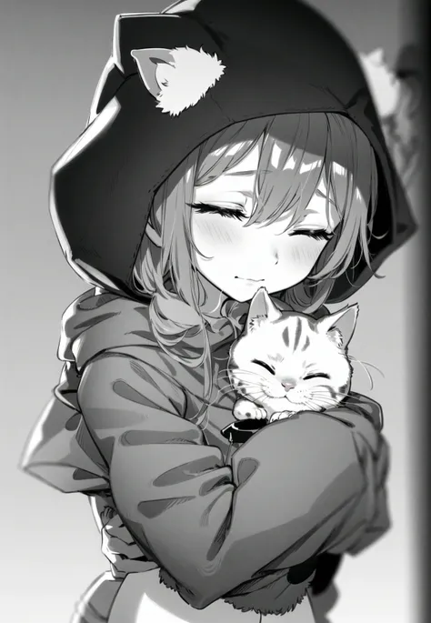 yoneyama mai, 1girl, solo, long hair, blush, sad, bangs, long sleeves, holding, hair between eyes, closed mouth, monochrome, closed eyes, upper body, greyscale, hood, blurry, sleeves past wrists, eyelashes, hoodie, depth of field, blurry background, animal...