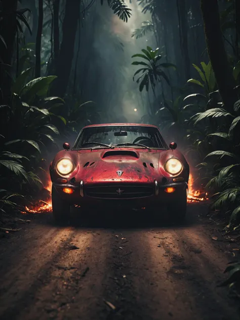 a red sports car driving through a forest with a lot of trees