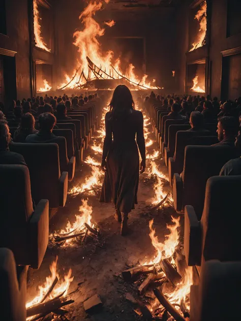 a woman walking through a fire filled church aisle