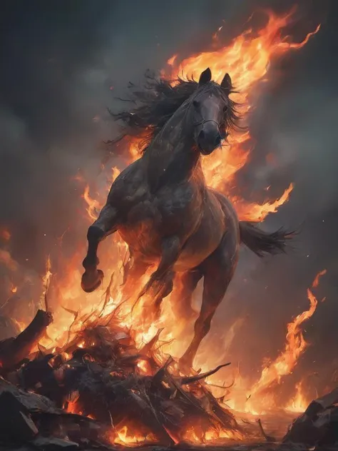 a close up of a horse running through a fire field