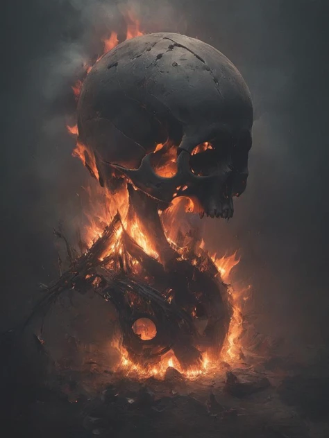 a skull and a fire are in the middle of a dark background