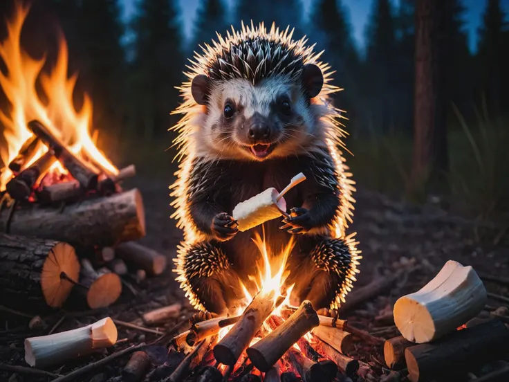 a close up of a hedgehog sitting on a log near a fire