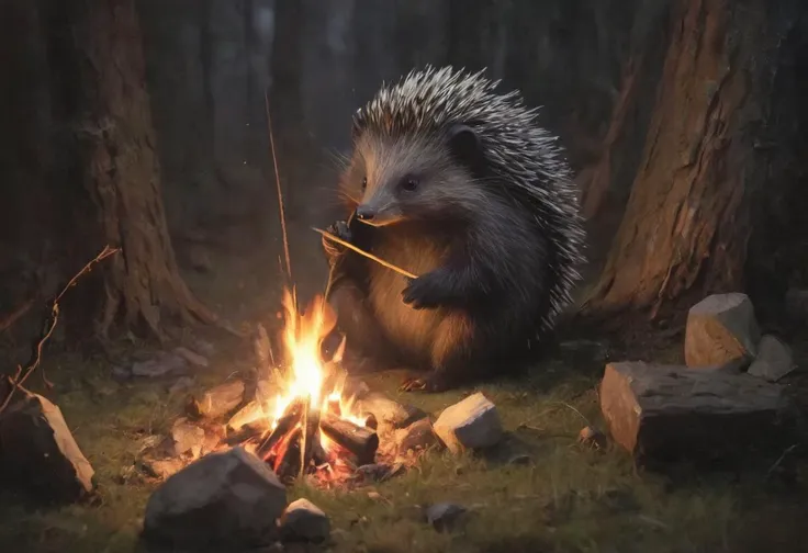 there is a hedgehog that is sitting by a campfire