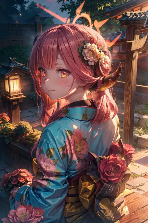 detailed illustration, upper body, of a mature female, aru_(blue_archive), looking back, from behind, pretty face, horns, sitting, crossed legs, halo, pink hair, long hair,flower, kimono, hair ornament, japanese clothes, hair flower, floral print, horns, h...