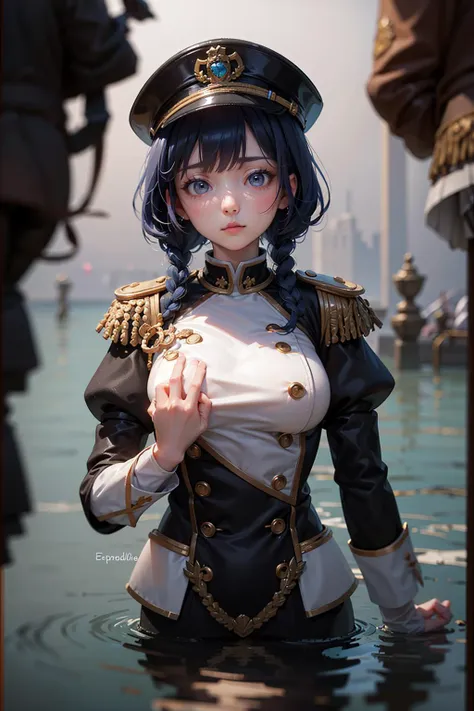 From Point of View,Upper Body,Birdâs Eye View,black_headwear,expressionless,wading,epaulettes,twin_braids,blue_hair,double-breasted,sleeves_past_fingers,looking_at_viewer