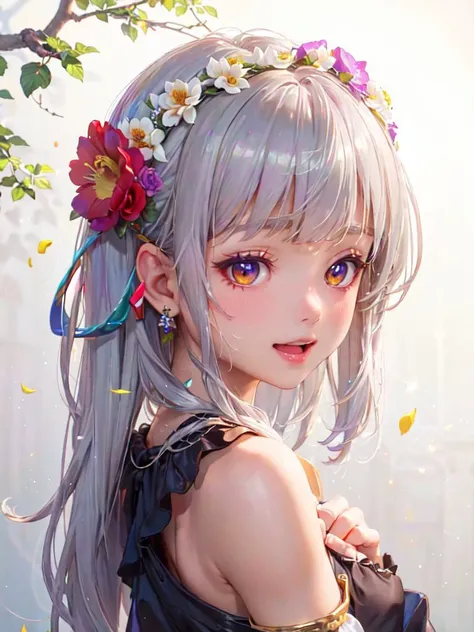 ((best quality)), ((masterpiece)), (detailed), eyeshadow, 
((Shoulder-length hair with side-swept bangs and a flower crown )), ((Silver Hair ))
xd [ XD ] ,