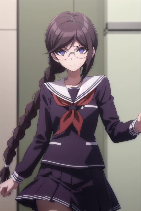 toukofukawa, <lora:touko fukawa s1-lora-nochekaiser:1>,
touko fukawa, long hair, bangs, brown hair, braid, glasses, mole, twin braids, mole under mouth, round eyewear, (brown eyes:1.3),
BREAK skirt, shirt, long sleeves, school uniform, serafuku, sailor col...