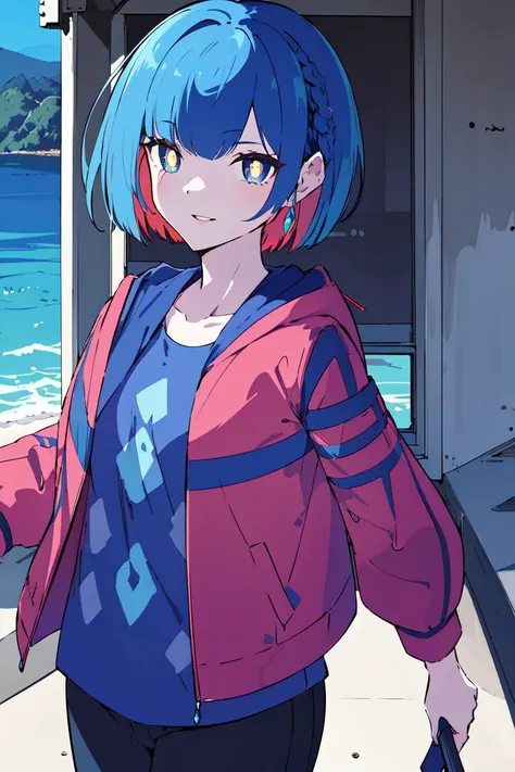 anime girl with blue hair and pink jacket standing on a sidewalk