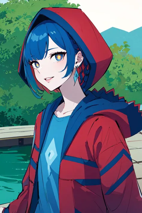 anime girl with blue hair and red hoodie standing near water