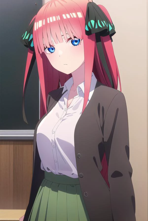 anime girl with long pink hair and green skirt in front of a blackboard