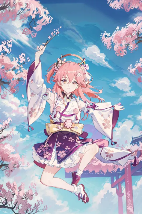 anime girl in kimono outfit jumping in the air with cherry blossoms