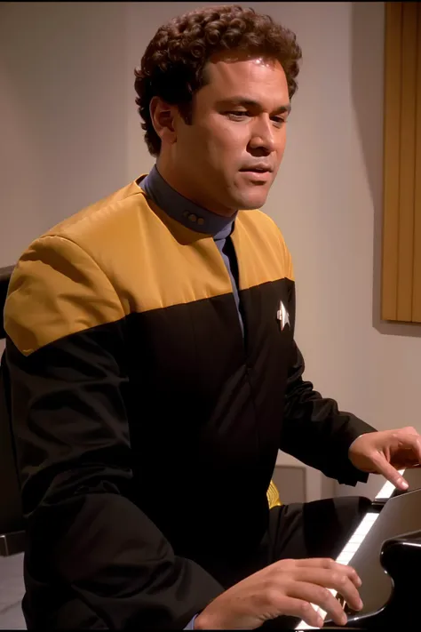 arafed man in a star trek uniform playing a piano