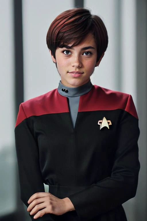 PA7_Photo, dan1ela-001,  brunette pixie cut  hair, slight smile, (voyunf red and black uniform,badge:1.3), black pants, black sleeves, elegant room <lora:Voy6batchDebiasGold1:0.8> PA7_Portrait-MCU.  <lora:hand:1>