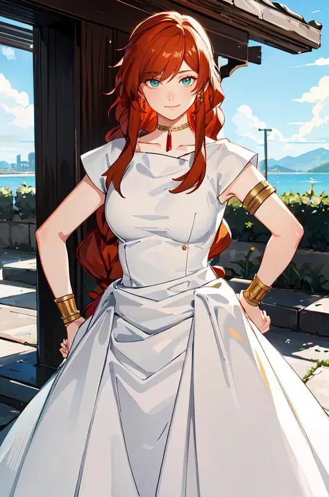 <lora:Flamme:1> FlammeFrieren, long hair, braid, greek clothes, sleeveless dress, armlet, bracelet, sandals, smile, hands on hips,, ultra detailed, masterpiece, best quality,