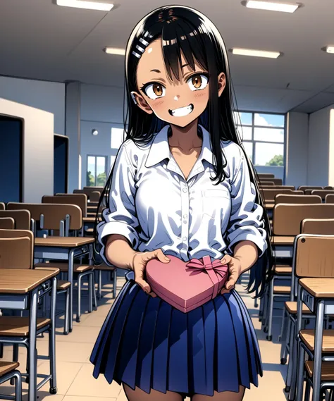 (masterpiece), (best quality),
library background,
cowboy shot,
looking at viewer, 
 <lora:nagatoro_hayase_lora_ver1:0.8> nagatoro_hayase, brown eyes, black hair, long hair, dark skin, dark-skinned female, tan, tanlines, hairclip, school uniform, white shi...