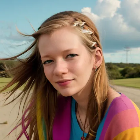 closeup portrait of MandiCollins by Flora Borsi, (wearing casual clothes:1.3), style by Flora Borsi, bold, bright colours, rainbow Mohawk haircut, ((Flora Borsi)), bokeh, <lyco:LoHA_MandiCollins_SD1.5_23070702:0.7>