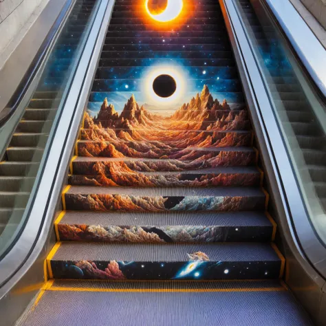 masterpiece, best quality, escalator, mountains, energy beam,wainscoting,solar eclipse, escalator-art<lora:escalator-art:0.75>