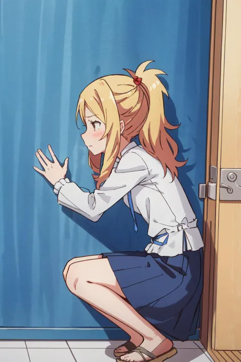 best quality, intricate details,
 <lora:chara_Eromanga-sensei_YamadaElf_v1:0.8> yamada elf,  blonde hair, 
 <lora:peeingSelfV2:0.8> have to pee, peeing self,  side view, blushing, embarrassed, hand between legs,