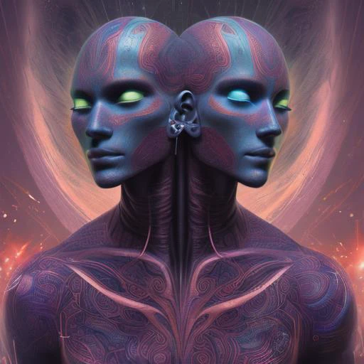 two alien women with glowing eyes and a purple background