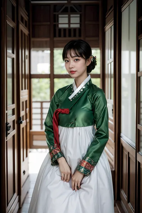 a close up of a woman in a green and white dress