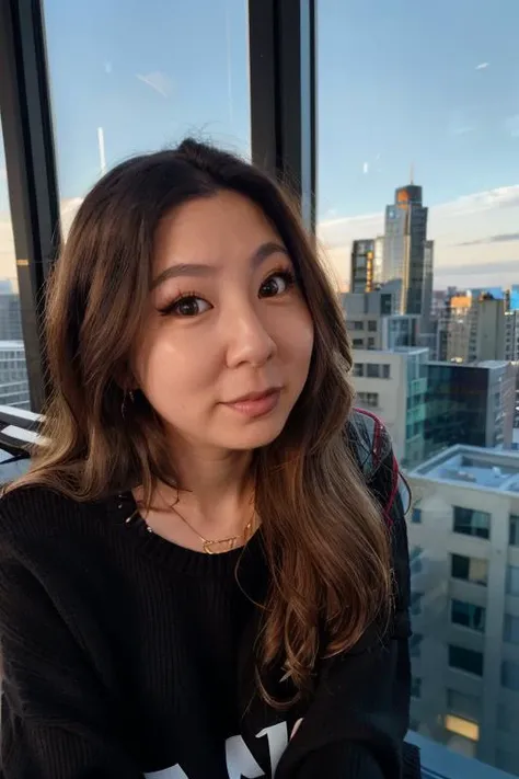 fuslie, raw photograph, portrait, woman wearing a black sweater, penthouse, window, cityscape, upper body, dynamic lighting, <lora:fuslie_v8_0414_sd1.5_andyxn:0.50>, close up, three-quarter view