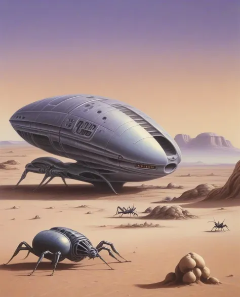 70s technical airbrush illustration of a spaceship on an alien desert planet, large alien bug in the foreground <lora:70s_Sci-Fi_Art_XL:1>