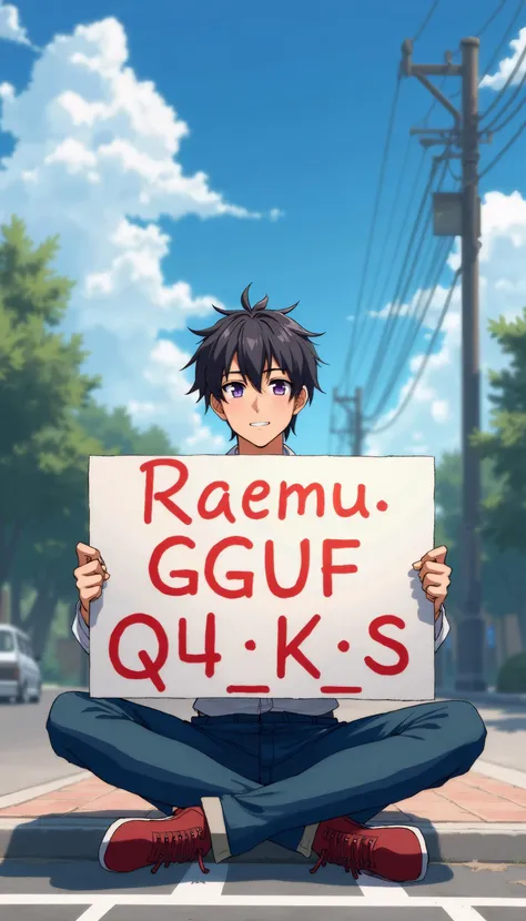 this is digital illustration in the anime style, a handsome man holds a sign that says "raemu flux gguf q4_k_s". he is sitting o...