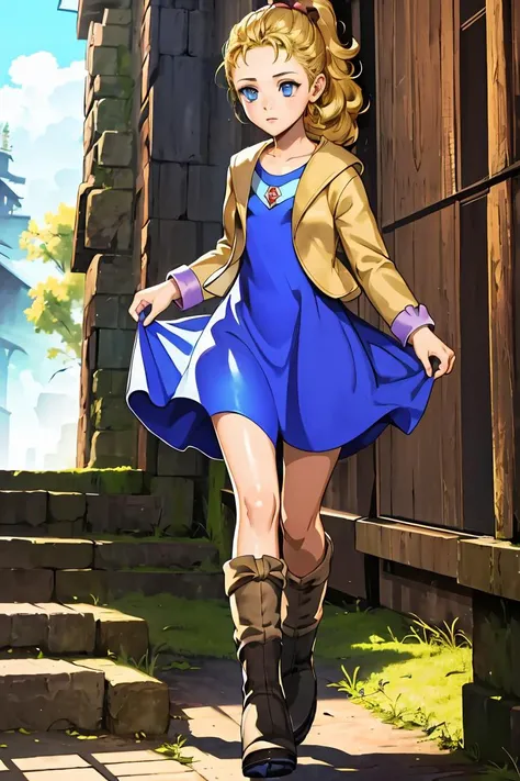 a woman in a blue dress and brown boots walking down a stone path