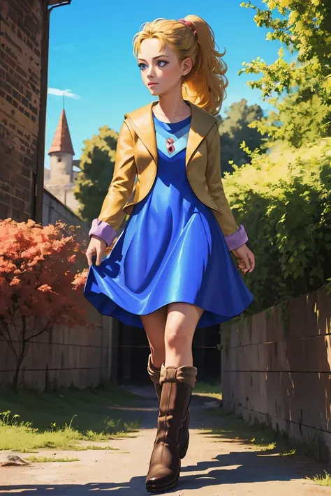 a close up of a woman in a blue dress and brown jacket