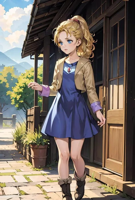 anime girl in a blue dress and brown jacket walking down a sidewalk