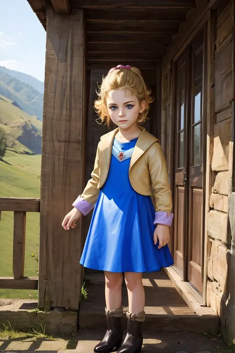 arafed little girl in a blue dress and a gold jacket