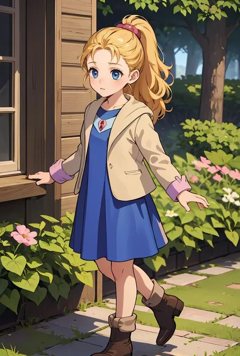 a girl in a blue dress and a jacket is standing outside