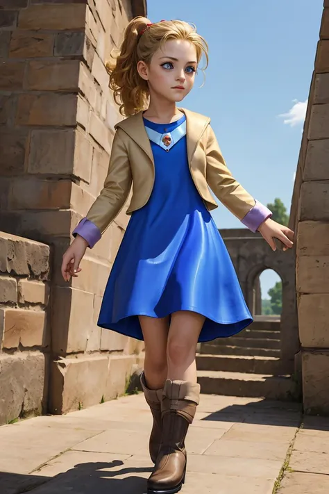 arafed girl in a blue dress and brown jacket walking down a stone walkway