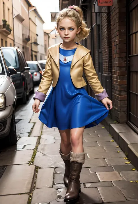 arafed woman in a blue dress and a gold jacket walking down a street