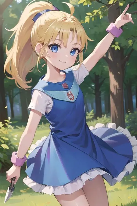 masterpiece, best quality,ultra detail,4k <lora:GoodHands-vanilla:0.6>girl,.petite,smile,close up,krile ff5, <lora:krile ff5:0.7>forest,blue eyes,blonde ponytail,dancer dress,knife,dancing