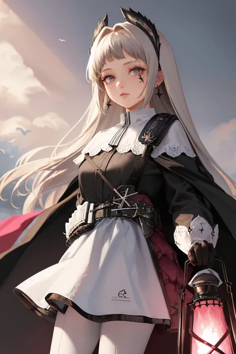 (masterpiece, best quality:1.2), solo, 1girl, irenedef, expressionless, looking at viewer, holding, lantern, head wings, black jacket, long sleeves, black gloves, white skirt, white pantyhose, earrings <lora:arknights_irene:1.0>