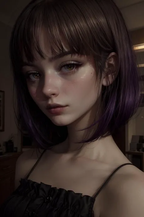 highres, masterpiece, perfect lighting, bloom, cinematic lighting, adult, female, looking at viewer, portrait, (RSEEmma:1.5)<lora:RSERomantic_RSESofiko_RSEEmma-v1:0.3>, goth girl, goth makeup, pale skin, bangs, short hair, jet black hair, purple eyes, scow...