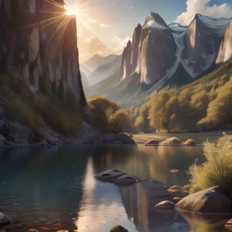 painting of a mountain river with a mountain range in the background